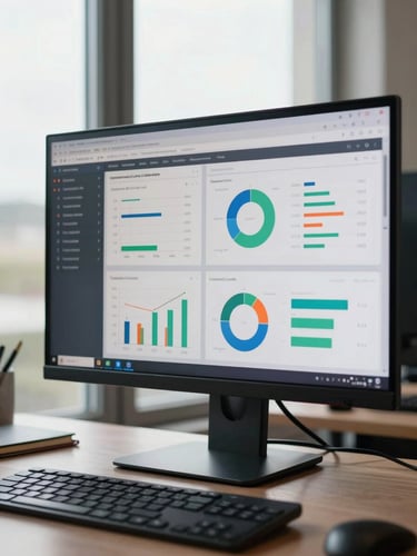 Medium shot of a large monitor displaying a data analytics dashboard with charts and segmentation tables, shot in natural daylight from a side office window, keyboard and notebook partially visible at the lower edge, no person in frame