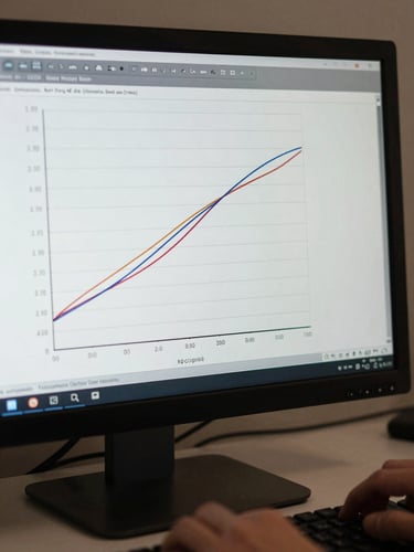 Close-up of a monitor screen showing a statistical model output — scatter plots and regression lines — on a plain desk under diffuse daylight, hands barely visible at keyboard edge