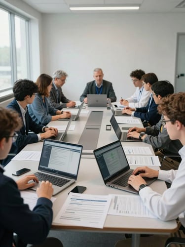 Wide-angle view of a research team around a conference table, laptops open showing dashboards, printed report pages spread across the table, natural window light from the left, no posed expressions