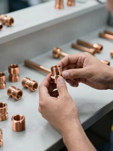 Close-up of a technician's hands holding a copper pipe fitting at a clean, industrial parts counter, bright utility lighting, metallic textures, sharp focus, 50mm lens. The counter is efficient and well-organized.