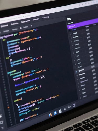Crisp angled perspective shot of a modern dark-mode database IDE executing SQL queries, showing clean code syntax and data tables glowing with subtle purple accents, professional tech aesthetic.