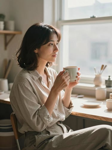 A focused female business owner looking relaxed in her bright, sunlit workshop, holding a ceramic mug, warm natural window light, 35mm film style