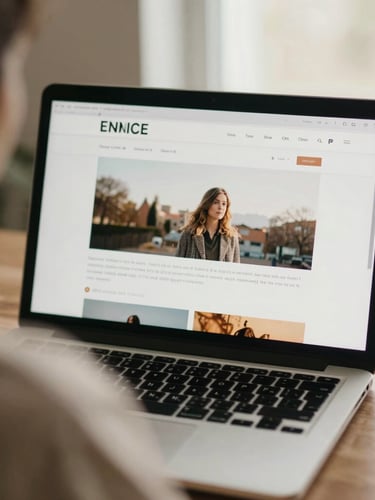 Over-the-shoulder shot of a clean website interface on a laptop screen, warm natural light, soft muted tones, shallow depth of field