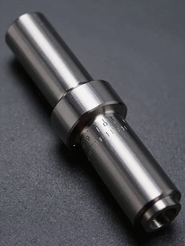 Extreme close-up overhead shot of a precision motor shaft resting in a calibration jig, studio strobe lighting revealing machined surface finish and engraved tolerance marks, matte charcoal background, millimeter-scale detail visible