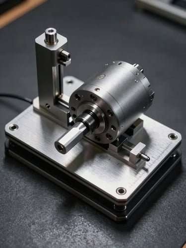 Overhead studio shot of a precision calibration jig holding a motor subassembly, controlled strobe light casting hard shadows across machined measurement datum points, fine calibration marks visible on matte silver aluminum, dark charcoal workbench surface, extreme close-up framing