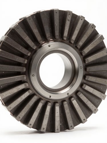 Extreme close-up of a precision-machined motor rotor surface, studio strobe lighting raking across the machined grooves and calibration marks, revealing the exact finish of the metal, symmetrical overhead framing, matte charcoal and liquid silver tones, no context or background visible