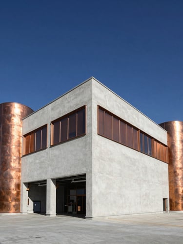 Wide-angle architectural daylight shot of a modern industrial facility in Greece, clean geometric concrete structures, deep blue sky, metallic copper highlights, 35mm lens