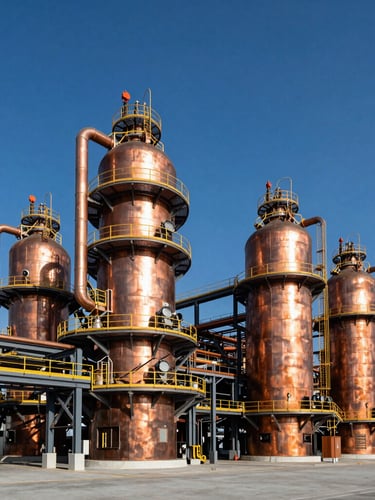 Wide-angle architectural shot of a modern industrial facility in Greece, high-contrast crisp daylight, deep blue sky, metallic copper structures, sharp focus, 35mm lens
