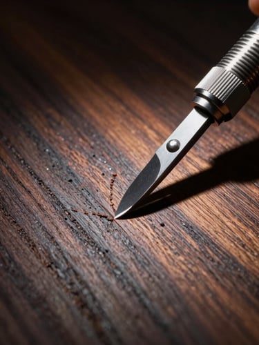 Extreme close-up of a precision scalpel cutting into rare dark veneer wood, dramatic spotlighting, high contrast chiaroscuro, visible wood grain texture.