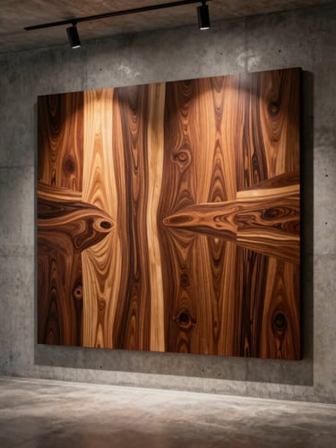 Dramatic chiaroscuro photograph of a large-scale marquetry artwork installed in a concrete minimalist penthouse, warm spotlight highlighting the rich walnut and maple grain, ultra-wide framing