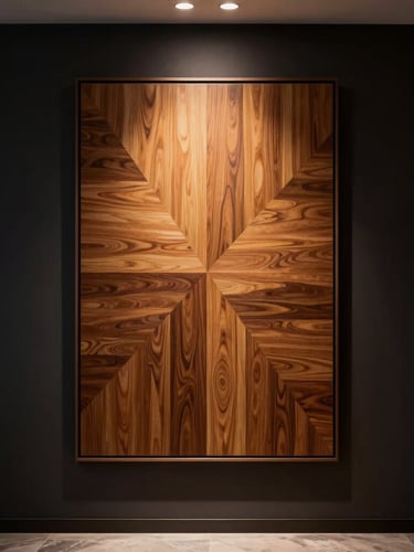 Chiaroscuro lighting on a large geometric veneer painting installed in a dimly lit luxury penthouse, wide architectural crop showing the warm wood grain glowing against dark charcoal walls.