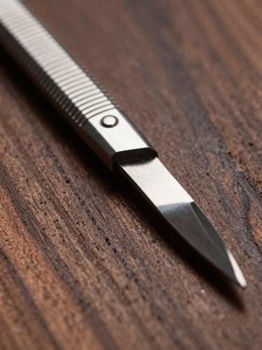 Extreme macro shot of a precision scalpel blade resting on rich walnut veneer, sharp focus on the wood grain and metallic edge, dramatic chiaroscuro lighting.