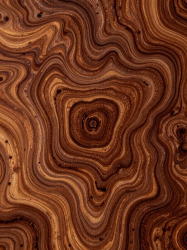 Abstract macro photography of swirling burl wood grain, rich warm tones, high contrast, resembling a topographical map.