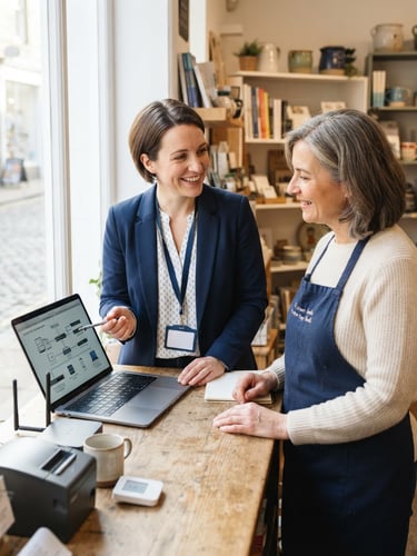 A bright, natural daylight medium shot of an approachable IT consultant discussing setup options with a local shop owner, clean blue and white tones, professional editorial style.