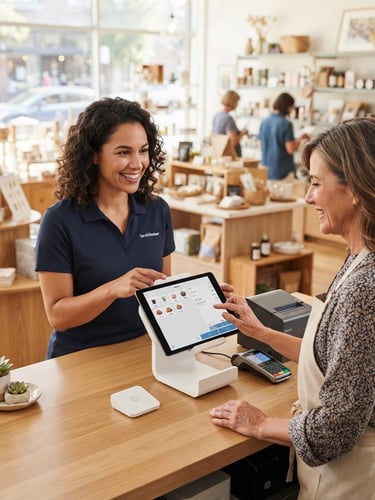 Approachable tech consultant in a bright local retail shop, helping a merchant set up a tablet POS system, warm natural daylight, clean blue and white tones