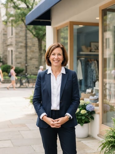 Bright corporate photography, natural daylight, a friendly local business owner standing outside a clean modern retail shop, soft blue and white tones, sharp focus, professional editorial style