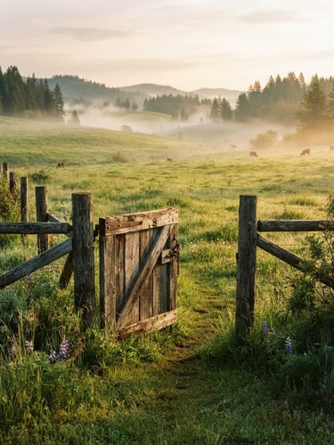 A rustic wooden gate opening to a sun-drenched green pasture in Athol, Idaho, morning mist rising, warm golden hour light, editorial photography.