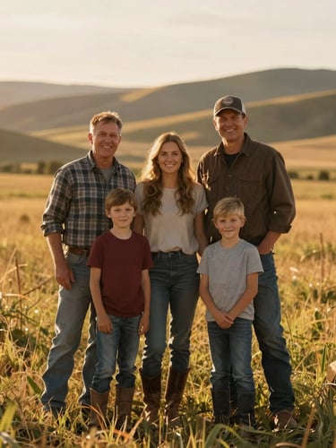 A warm, candid portrait of a farming family standing together in a sun-drenched pasture at golden hour, wearing simple work clothes, soft focus background of the Idaho hills.