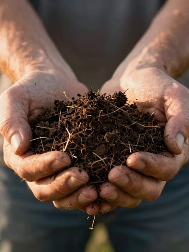 Close-up of farmer's hands holding a clump of dark, rich organic soil with grass roots, soft morning light, shallow depth of field