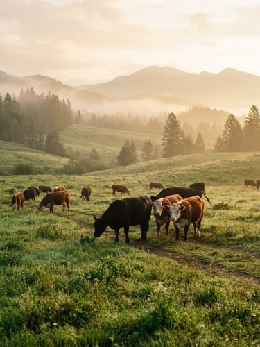 Wide-angle editorial shot of cattle grazing on lush green pastures in Athol, Idaho during a misty morning golden hour, shallow depth of field