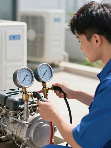 A professional technician in a clean uniform using digital manifold gauges to test pressure on an outdoor AC compressor unit, bright natural daylight, 35mm