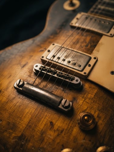 Moody close-up of a worn vintage guitar body, warm low-key studio lighting, rich amber and charcoal tones, shallow depth of field
