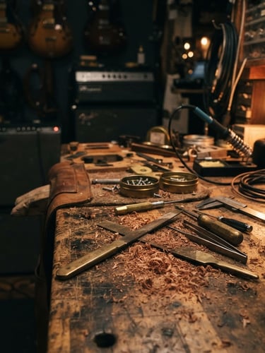 Moody, low-key ambient portrait shot of a cluttered workbench in a Brooklyn music studio, warm amber light hitting worn brass tools and wood shavings, shallow depth of field.