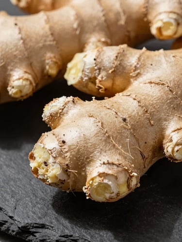Macro photograph of textured raw ginger rhizomes on a clean, dark slate surface under sharp natural sunlight, showing fine root details and earth.