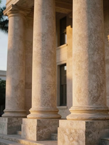 Architectural detail of a classic Florida courthouse facade, warm golden-hour light hitting the stone columns, palm trees softly blurred in the background, 35mm.