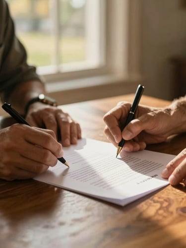 Close-up of hands signing legal adoption papers on a wooden table, warm Florida light filtering through a window, shallow depth of field