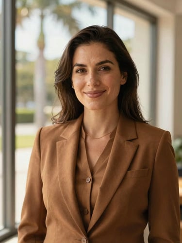 Warm environmental portrait of a female attorney in natural Florida window light, smiling gently, rich earth tones, shallow depth of field, 35mm