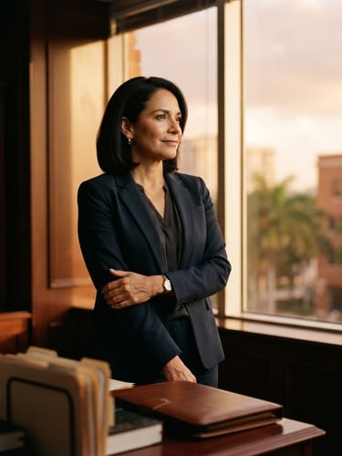 Warm environmental portrait of a Florida defense attorney standing near a window, soft golden-hour light casting long shadows, professional and protective expression, 35mm.
