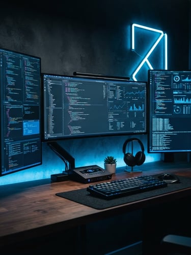 Sleek tech photography, dark moody studio lighting, electric blue neon accents, a clean minimalist desk setup with high-end monitors showing crisp UI layouts, sharp focus, 35mm