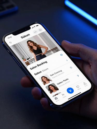 Sleek tech photography, close-up of a mobile device showing a gorgeous salon booking interface, held by a hand on a clean dark desk with electric blue glow, sharp focus, 35mm