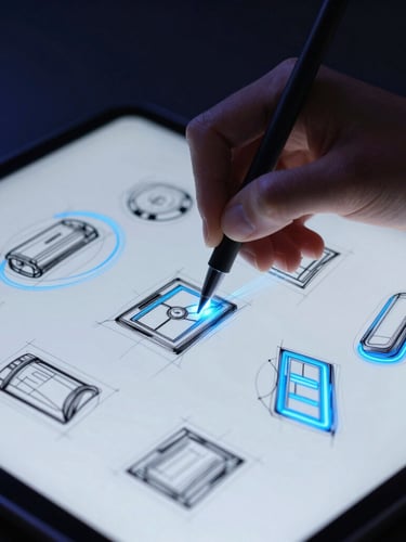 Sleek tech photography, close-up of a designer sketching wireframes on a tablet, electric blue lighting trails, sharp focus, 35mm