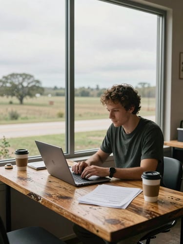 Environmental wide shot of a small business owner reviewing a laptop at a worn wooden desk near a north-facing window, natural overcast daylight, papers and a coffee cup on the desk, Texas landscape visible through the glass behind