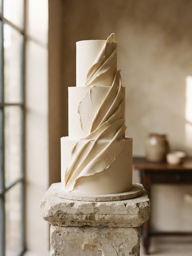 A tall, minimalist three-tiered custom cake with architectural buttercream folds, resting on a rough stone pedestal, soft side window light, warm neutral background, warm editorial photography, shallow depth of field, 35mm