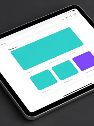 A clean, modern web design wireframe on a tablet, showing structured layout blocks in cyan and purple accents, isometric professional framing.