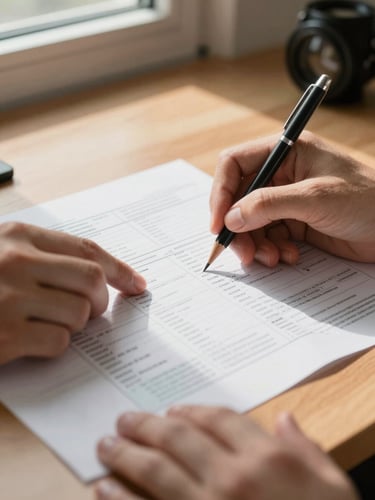 Close-up of hands reviewing printed tax schedules on a wooden desk, a mechanical pencil making a notation in the margin, natural north-facing window light casting soft shadows, no faces visible