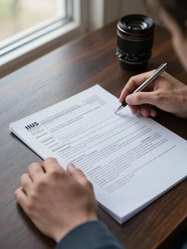 Close-up overhead of hands sorting real estate closing documents on a dark wood desk, natural north-facing daylight from a window left of frame, a printed IRS form visible under the left hand, pen resting at the edge
