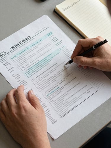 Close overhead shot of hands sorting through tax worksheets and a ruled ledger on a warm grey desk surface, natural north-facing light, documents partially overlapping, a mechanical pencil resting beside margin annotations