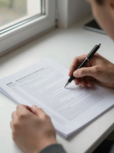 Close-up of hands reviewing a multi-page tax compliance document on a clean desk, natural north-facing daylight from a window to the left, pen resting on the page, fine print visible mid-frame