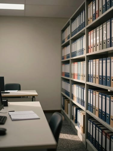 Wide environmental shot of an empty accounting office in soft north-facing daylight, rows of organized binders on shelves to the right, a long desk with a single open ledger, no people, muted warm-grey walls