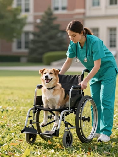 Bright editorial photography of a veterinary student adjusting a custom two-wheeled wheelchair for a happy disabled dog on a university campus lawn, natural daylight, sharp focus