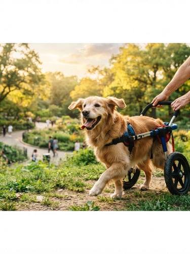 Wide panoramic of a happy dog in a two-wheeled veterinary wheelchair running in a lush park, human hands gently guiding from behind, natural golden-hour daylight, vibrant cyan and warm tones, sharp focus, 35mm lens