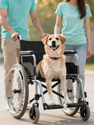 Portrait of a happy disabled dog in a two-wheeled veterinary wheelchair, looking up at its smiling human family, soft natural daylight, conveying hope and connection, no text, eye-level medium shot.