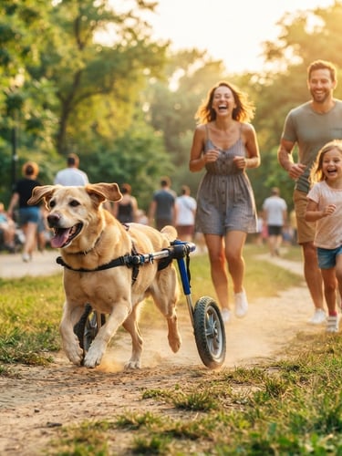 Perro activo con silla de ruedas veterinaria de dos ruedas traseras, corriendo en un parque soleado junto a su familia, enfoque en la vitalidad y libertad. Estilo fotográfico editorial brillante, luz natural de atardecer.