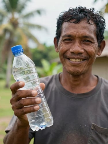 A local Papuan cooperative member smiling, holding a clean sorted plastic bottle, bright natural tropical daylight, close-up shot.