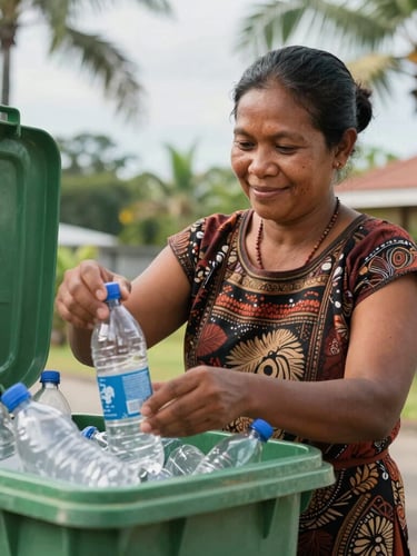 Eye-level shot of a proud Papuan woman smiling while sorting clean plastic bottles into a green recycling bin under bright tropical daylight