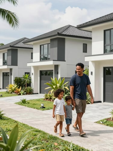 A clean, modern housing development in Mimika with green spaces, bright tropical daylight, showing a happy Papuan family walking near their new home.